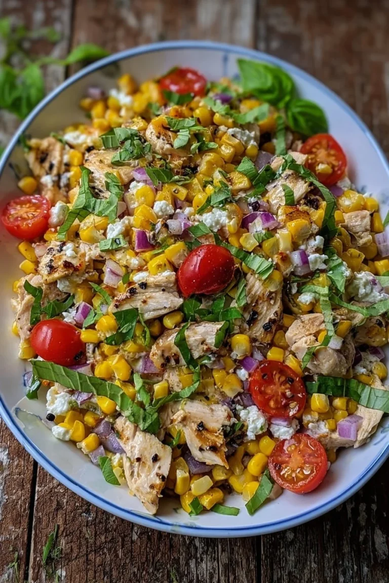 Healthy street corn-inspired chicken salad with vibrant ingredients.
