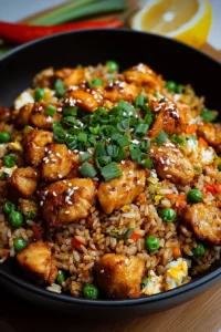 Plate of high protein crispy garlic chicken fried rice garnished with vegetables