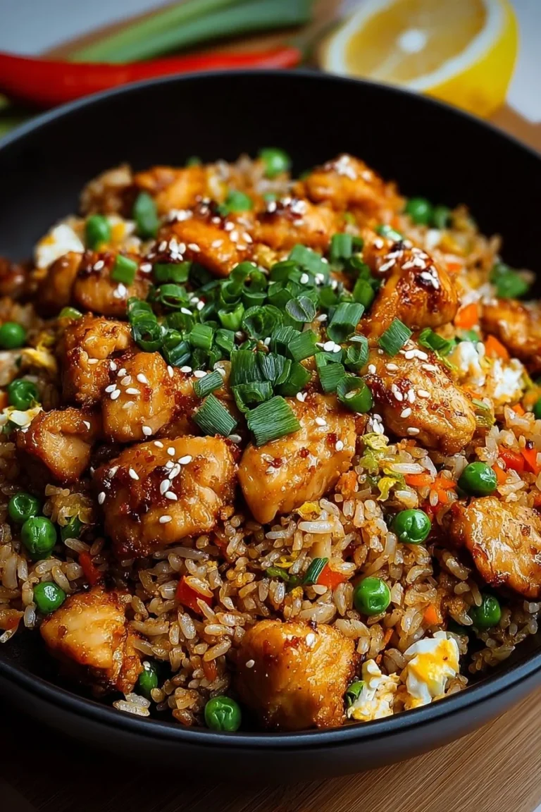 Plate of high protein crispy garlic chicken fried rice garnished with vegetables