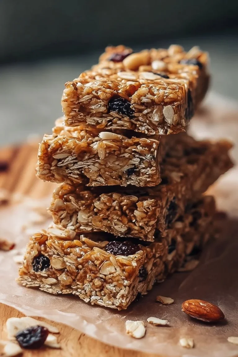 Homemade granola bars with nuts and dried fruits on a wooden board
