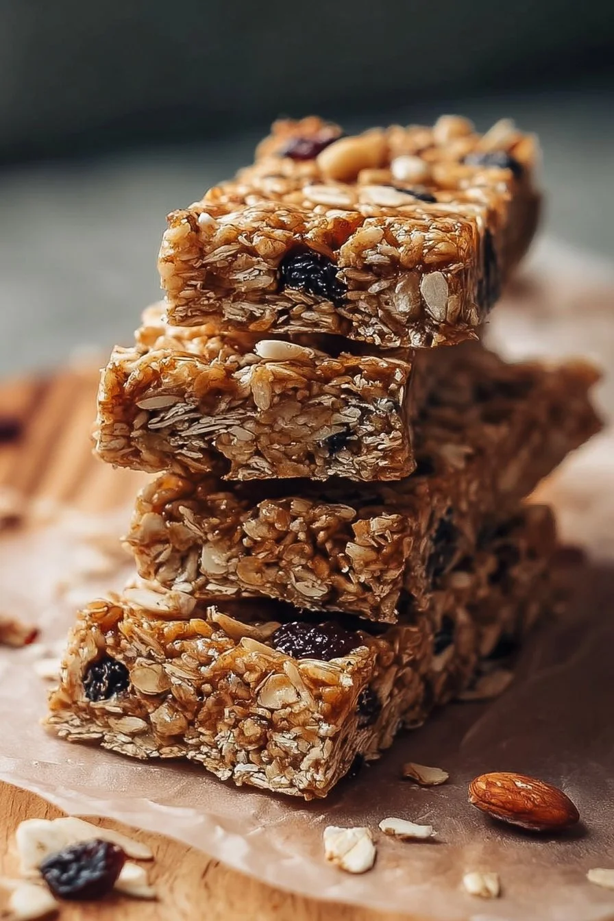 Homemade granola bars with nuts and dried fruits on a wooden board