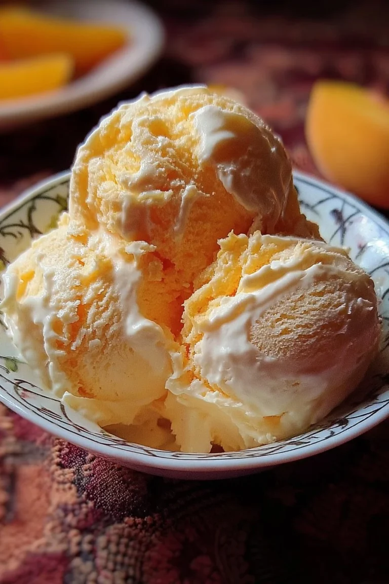 Delicious bowl of homemade peach ice cream topped with fresh peach slices