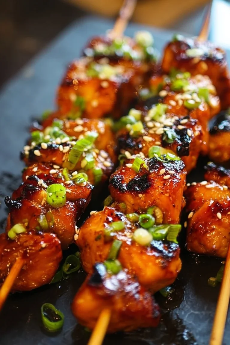 Honey Garlic Asian Chicken Kabobs ready to grill with fresh vegetables and marinade.
