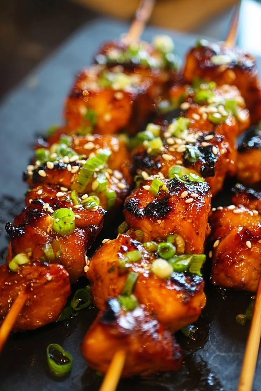 Honey Garlic Asian Chicken Kabobs ready to grill with fresh vegetables and marinade.