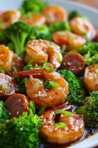 Honey Garlic Shrimp, Sausage, and Broccoli dish served on a plate