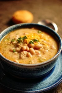 Delicious bowl of killer white chili topped with cilantro and cheese