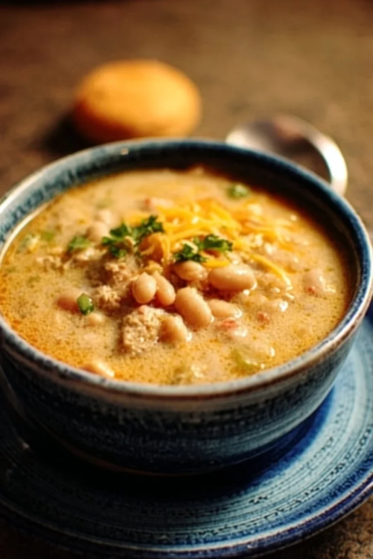 Delicious bowl of killer white chili topped with cilantro and cheese
