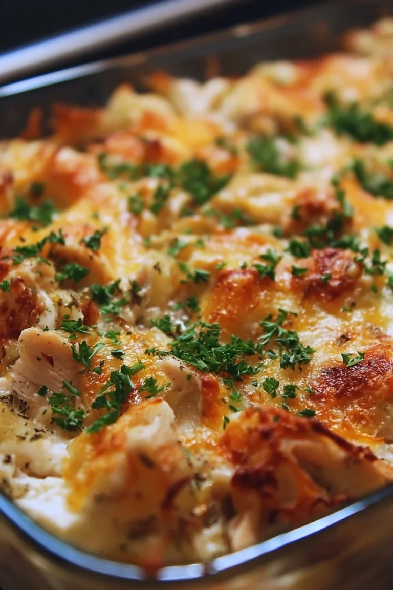Delicious loaded chicken casserole topped with cheese and vegetables