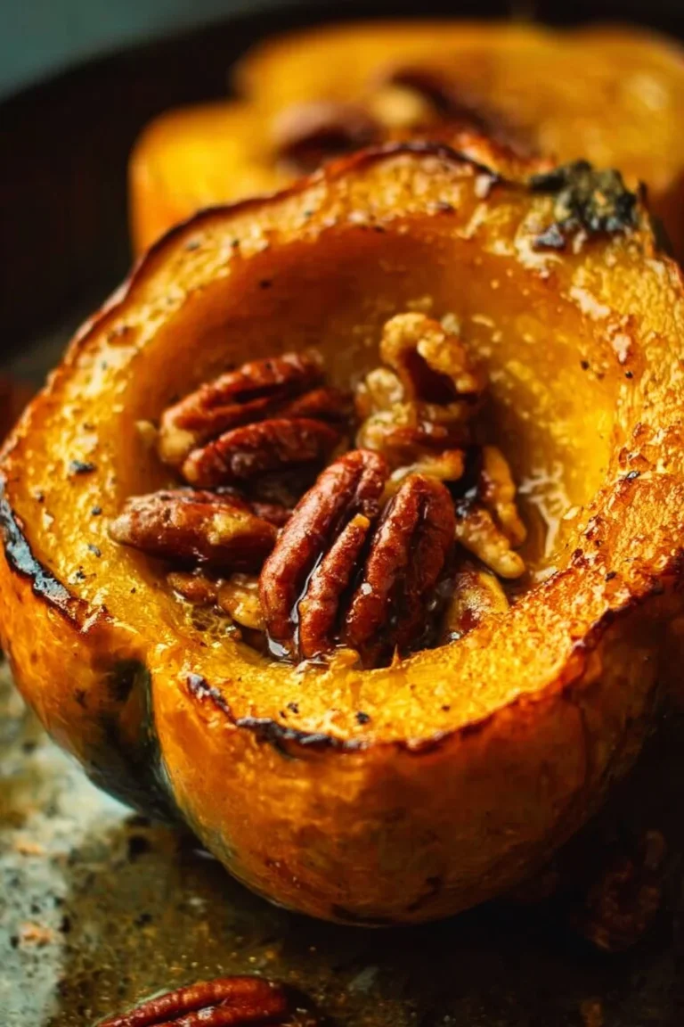 Delicious Maple Pecan Roasted Acorn Squash garnished with pecans and maple syrup.