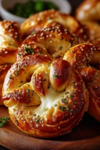 Delicious mozzarella stuffed soft pretzels on a serving plate