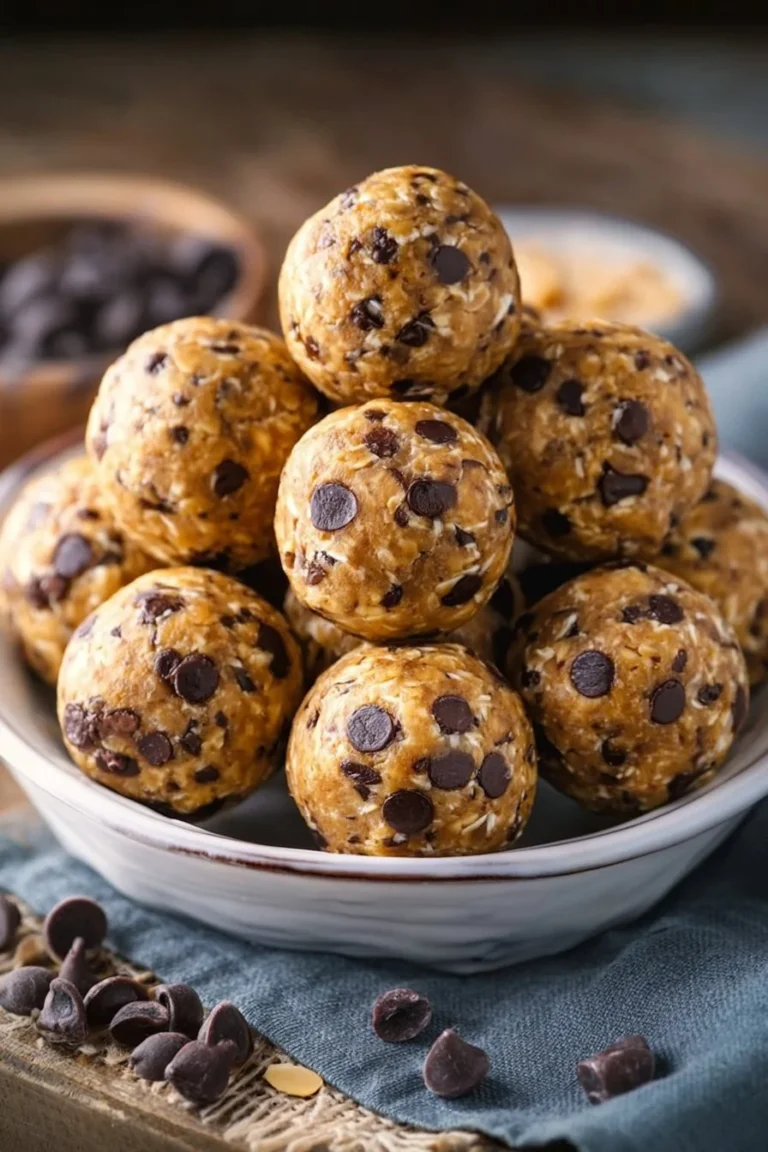 No bake chocolate chip cookie balls stacked on a plate