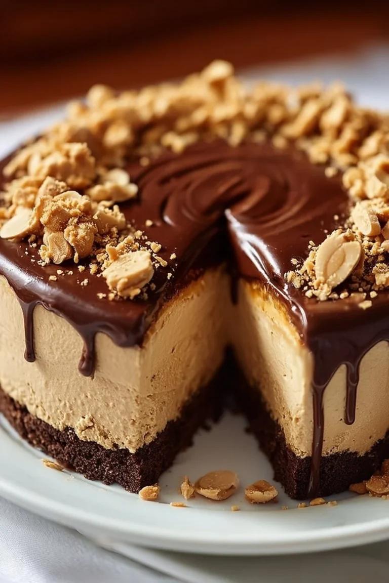 No-bake chocolate peanut butter cheesecake topped with chocolate drizzle.