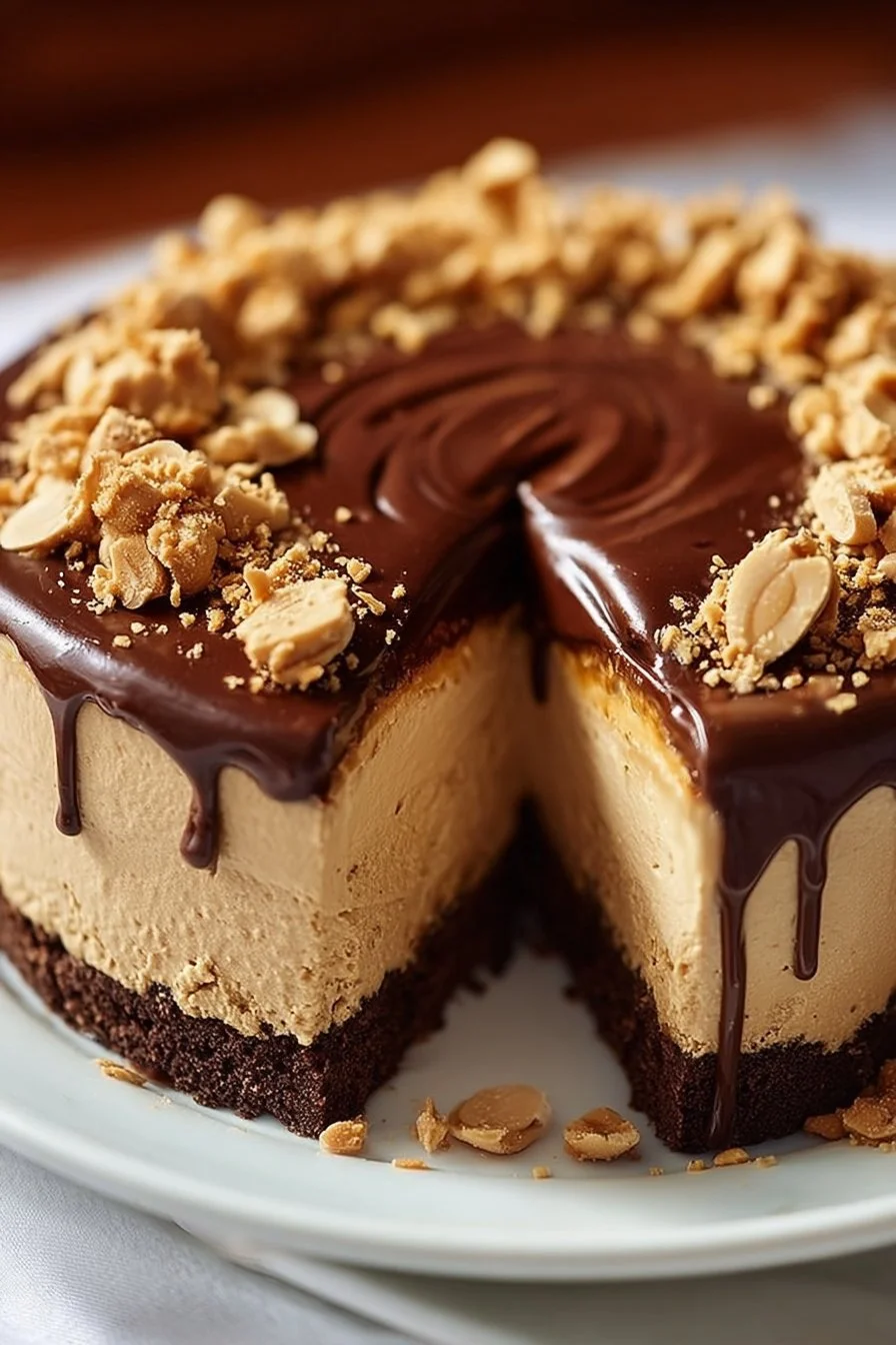 No-bake chocolate peanut butter cheesecake topped with chocolate drizzle.