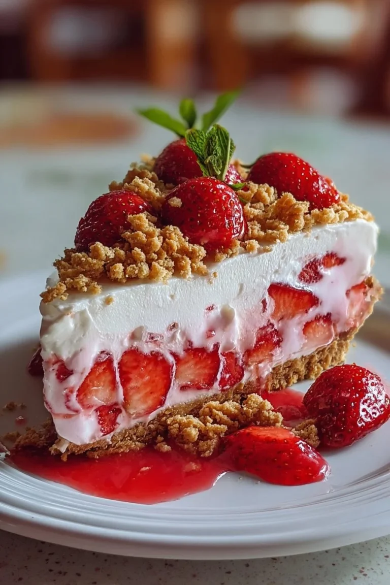No-bake strawberry crunch cheesecake with fresh strawberries and graham crust