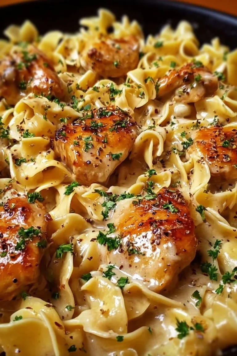 One-Pan Creamy Garlic Butter Chicken served with Egg Noodles
