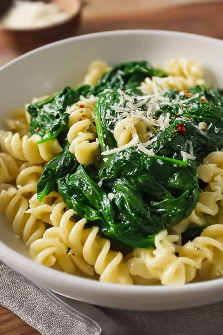 A vibrant plate of pasta with fresh spinach and a sprinkle of Parmesan cheese.