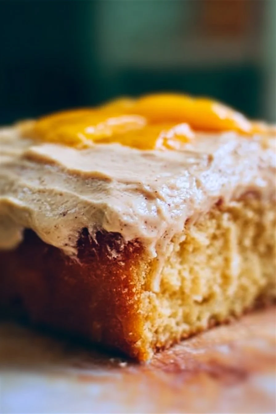 Delicious Peach Cake with Brown Sugar Frosting on a plate