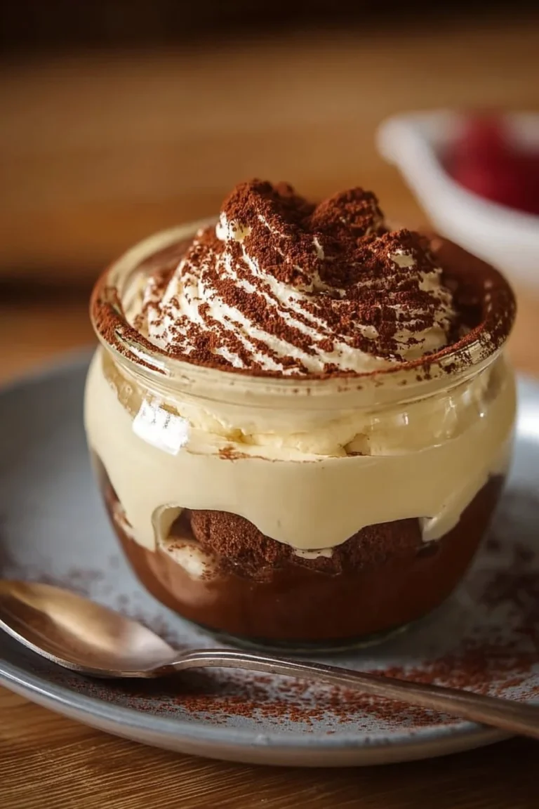 Protein Tiramisu Pudding served in a dessert cup with cocoa dusting