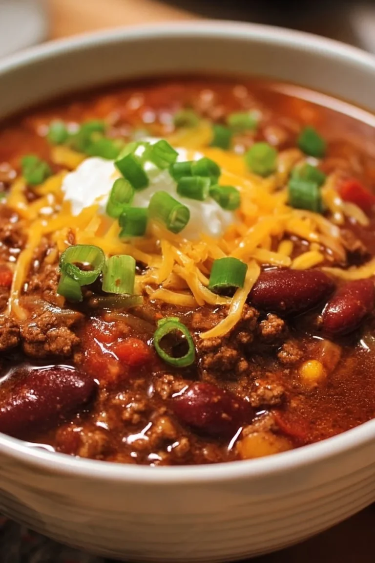 Bowl of quick and easy stovetop chili garnished with herbs.