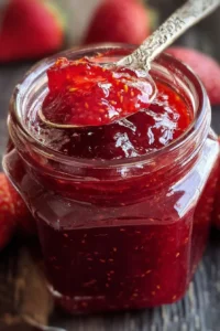 Jar of quick homemade strawberry jam with fresh berries