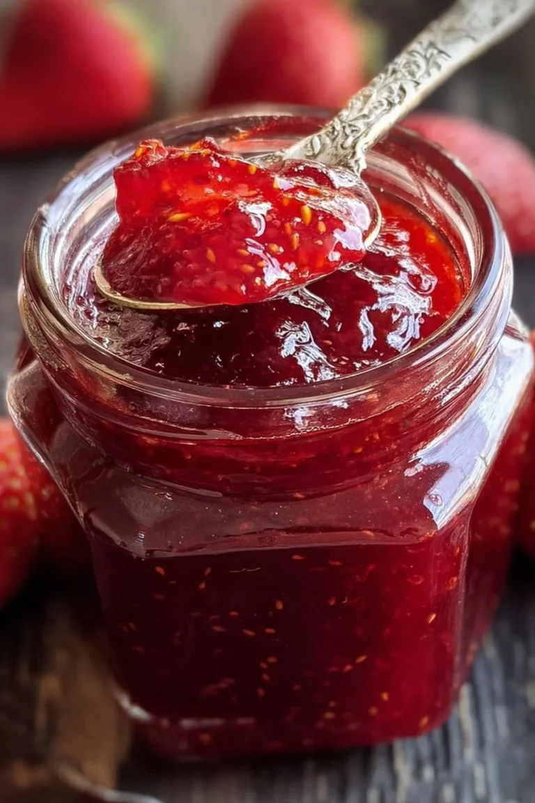 Jar of quick homemade strawberry jam with fresh berries