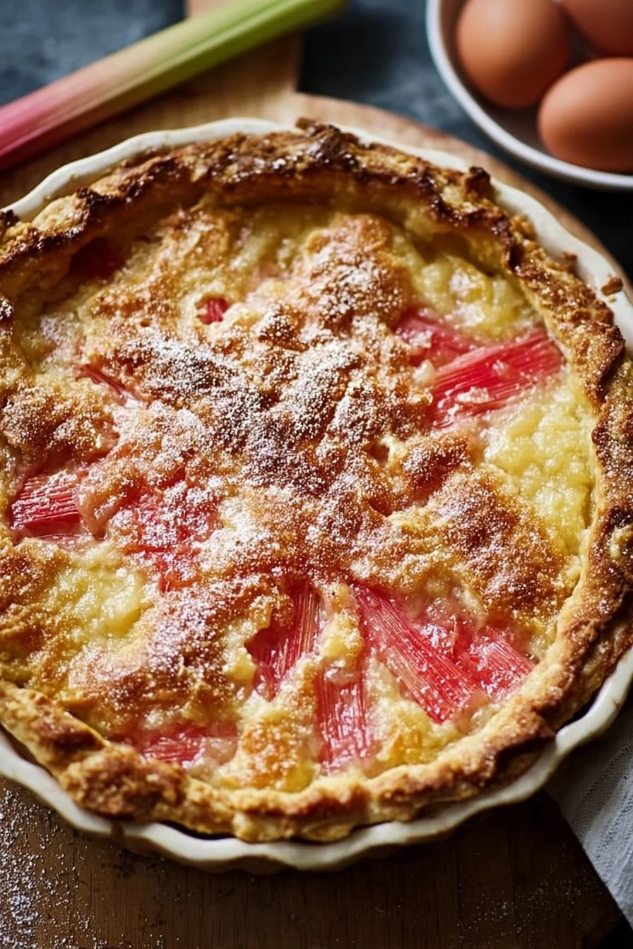 Delicious rhubarb custard pie with a golden crust and creamy filling