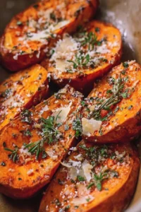 Oven-roasted sweet potatoes with garlic and Parmesan cheese, golden and crispy.