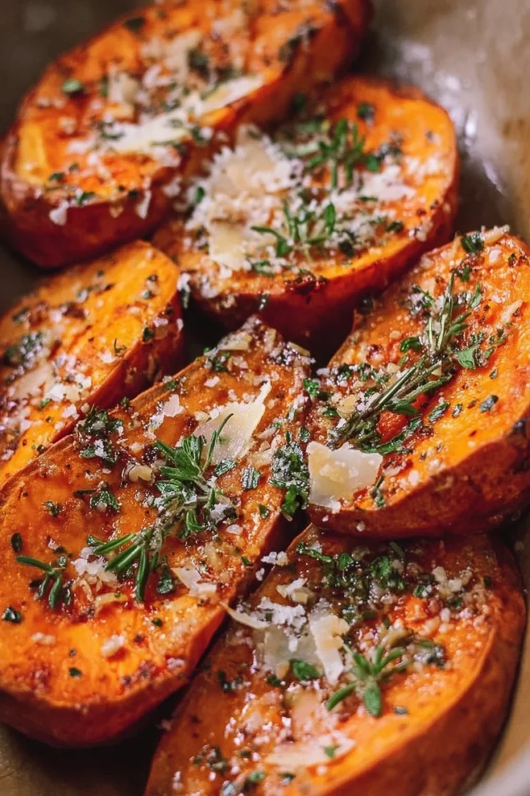 Oven-roasted sweet potatoes with garlic and Parmesan cheese, golden and crispy.