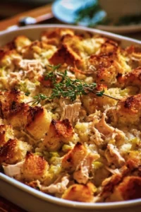 Rotisserie Chicken and Stuffing Casserole served in a baking dish