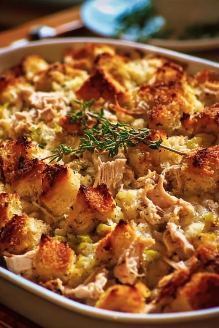 Rotisserie Chicken and Stuffing Casserole served in a baking dish