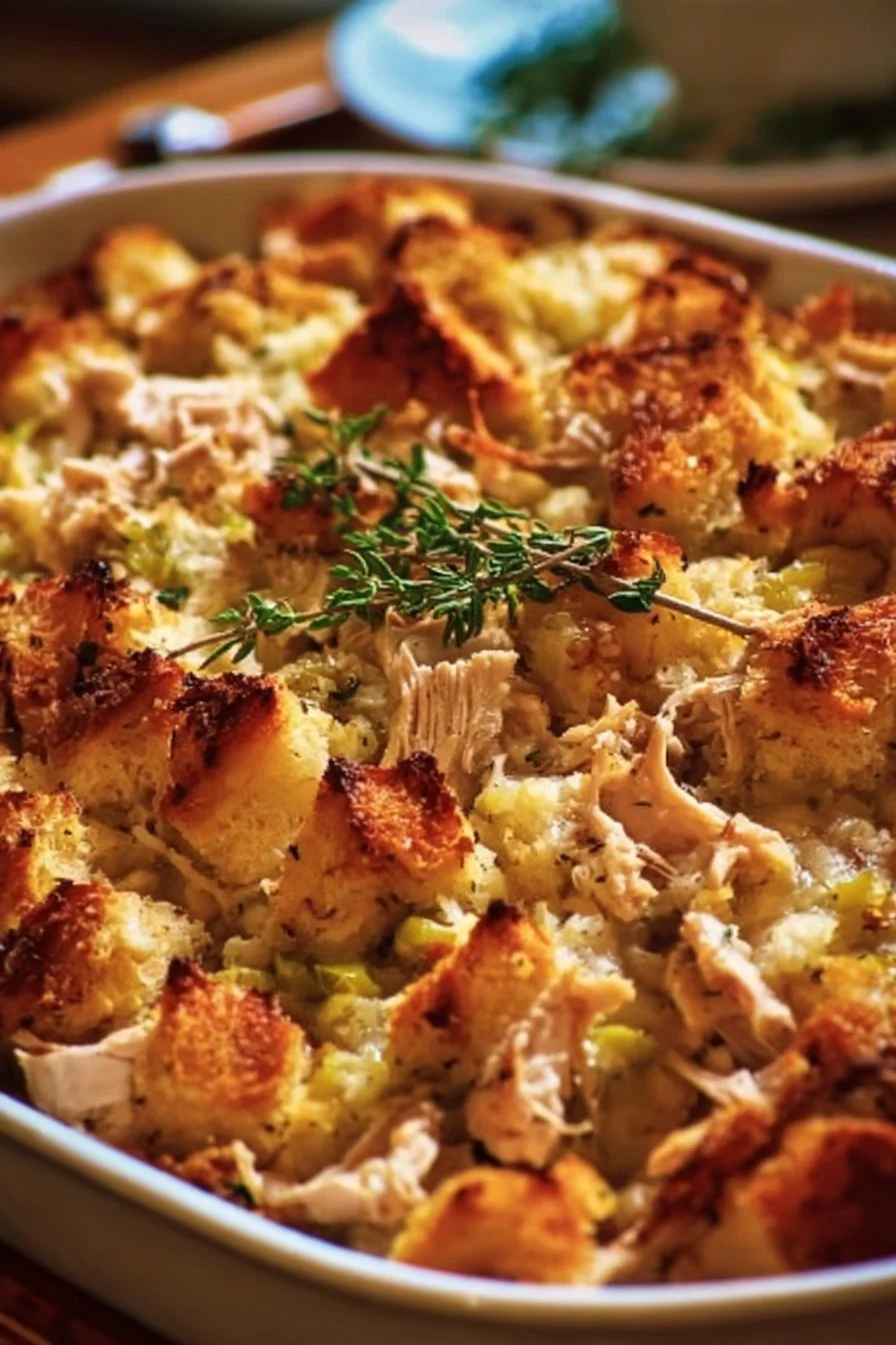 Rotisserie Chicken and Stuffing Casserole served in a baking dish