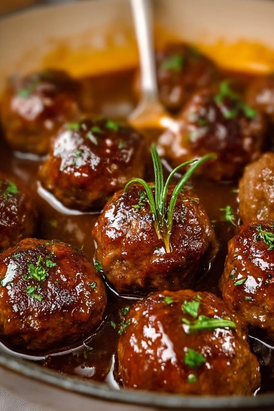 Plate of Salisbury steak meatballs served with gravy and mashed potatoes
