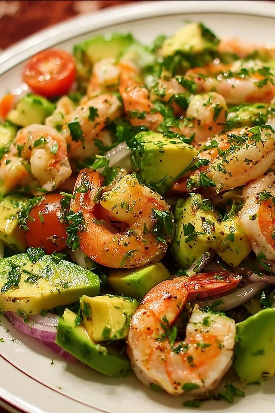 Delicious shrimp avocado salad served in a bowl with fresh ingredients