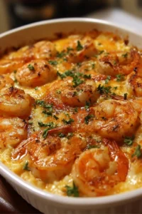 Delicious shrimp casserole served in a baking dish with garnishes on top