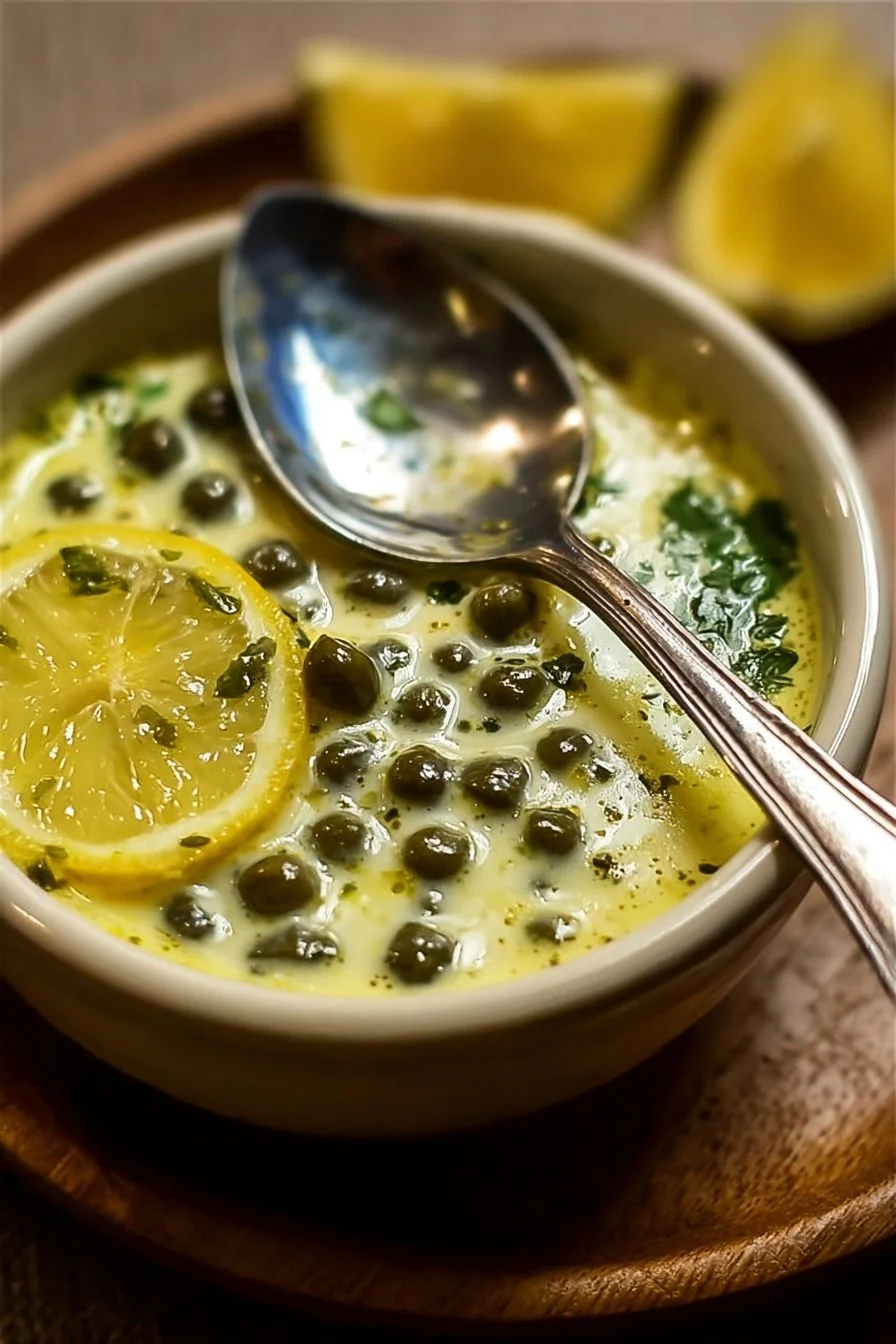 A vibrant bowl of homemade simple lemon caper sauce, ideal for adding flavor.