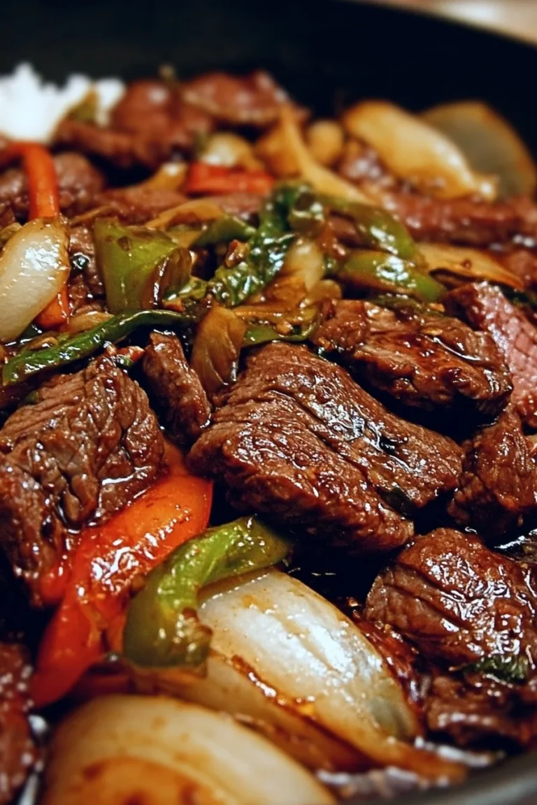 Sizzling Chinese pepper steak with onions served on a plate