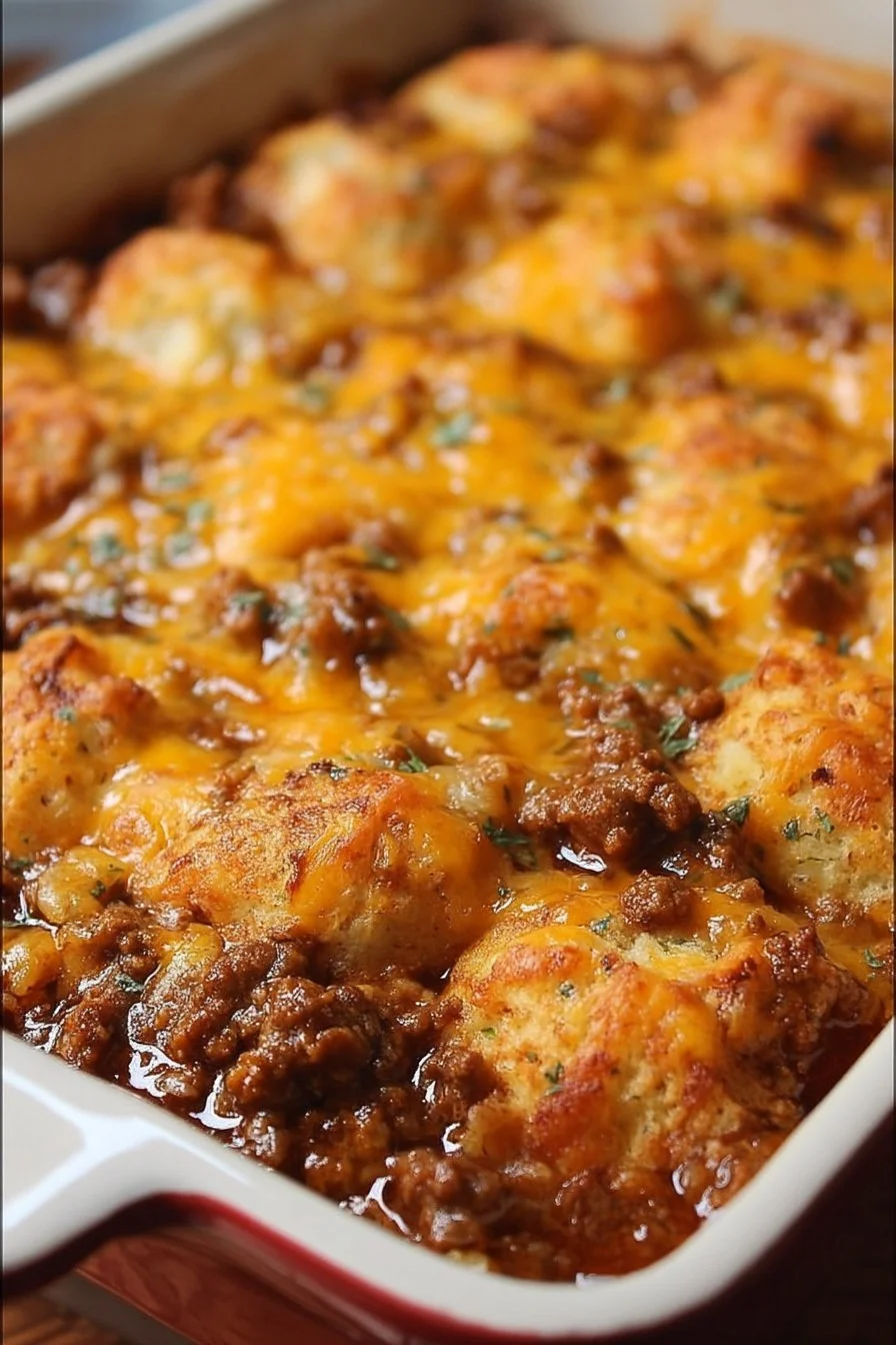 Sloppy Joe Bubble Up Casserole topped with cheese and biscuits in a baking dish.