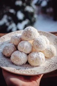 Delicious assortment of snowball cookies dusted with powdered sugar on a plate