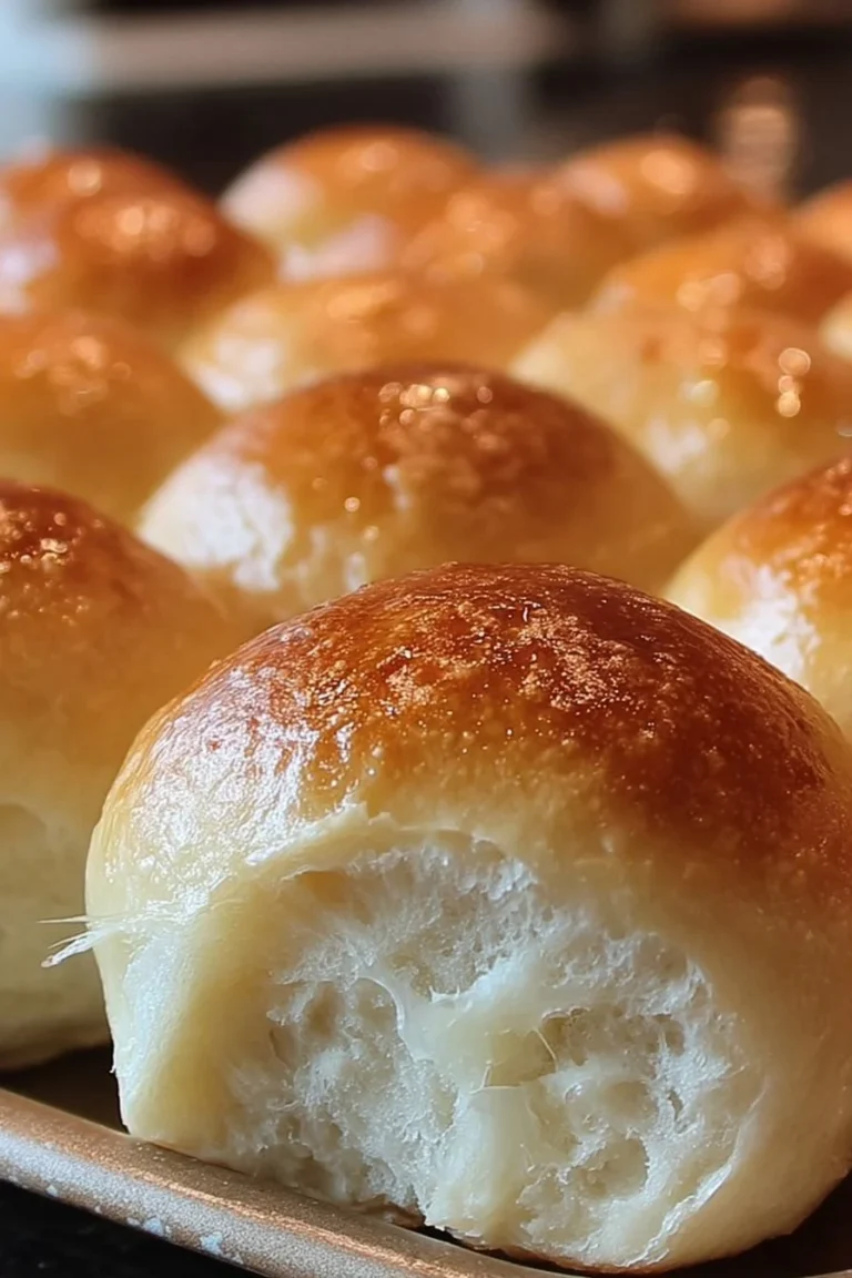Freshly baked soft and buttery homemade rolls on a wooden table