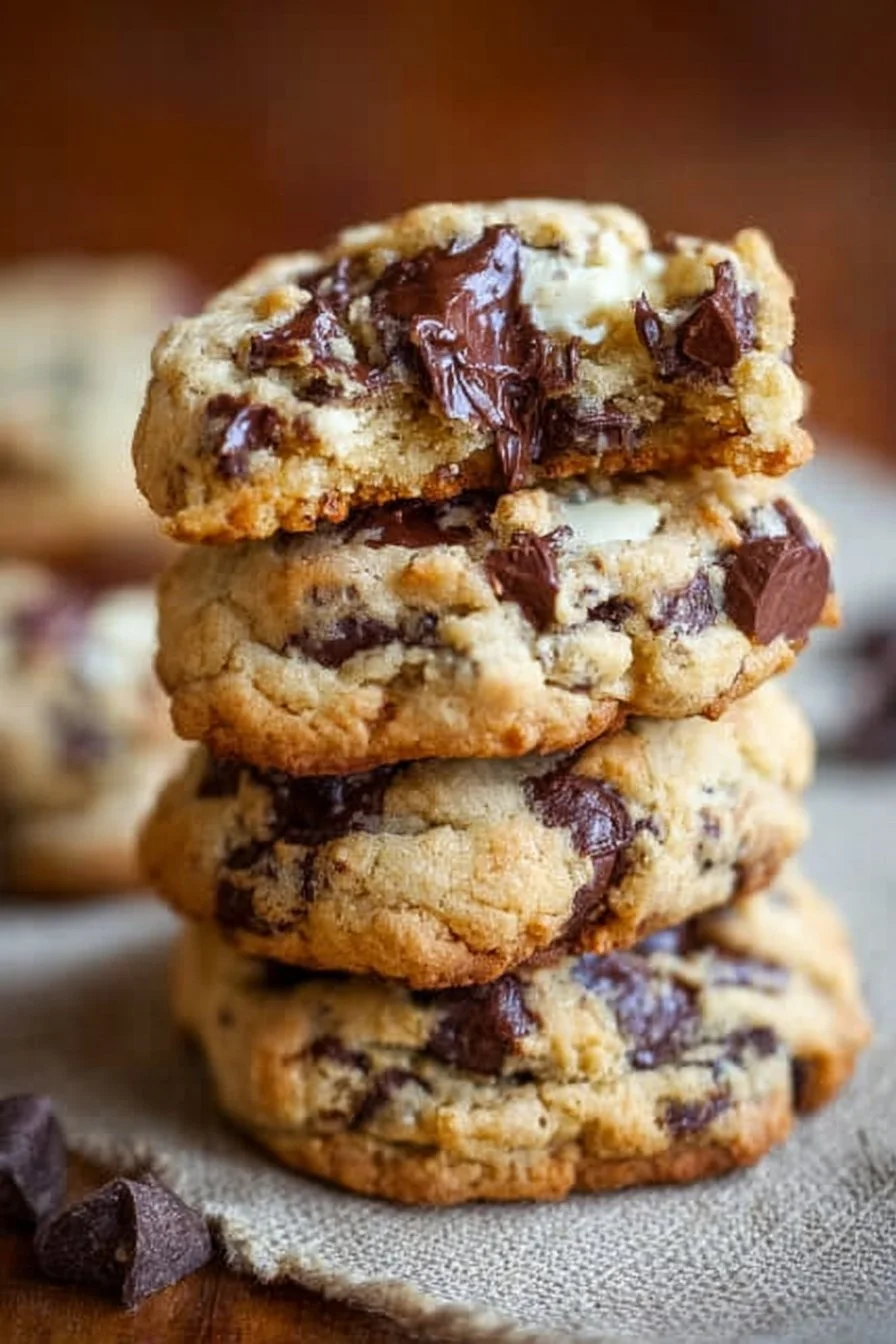 Softbatch cream cheese chocolate chip cookies on a plate, freshly baked.