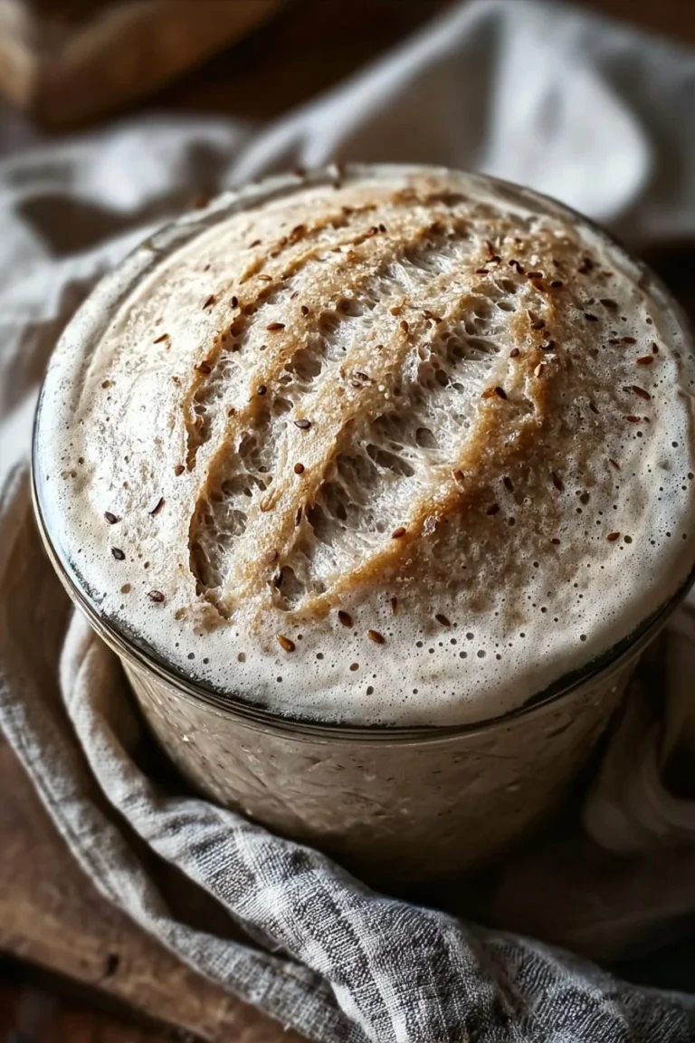A jar of sourdough starter bubbling with activity for baking fresh bread.