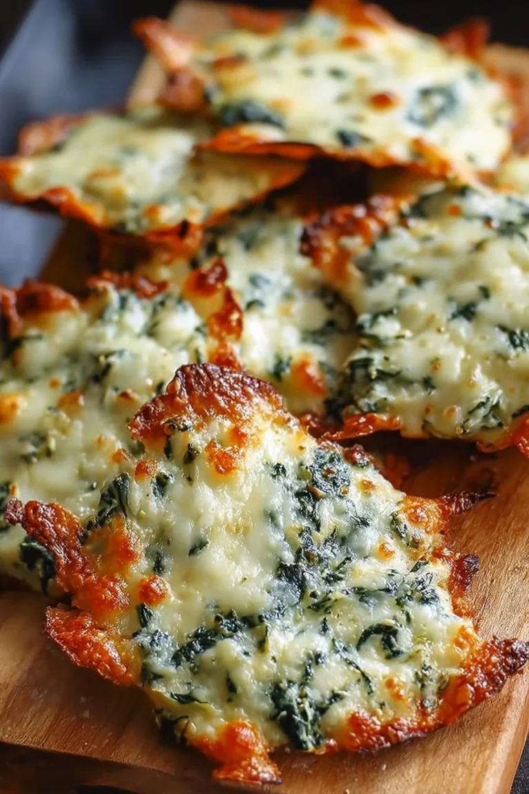 Crispy cheese snacks topped with creamy spinach dip for a delicious appetizer.