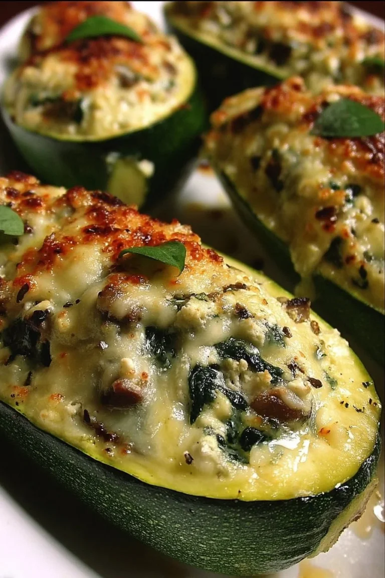 Spinach, mushroom, and ricotta stuffed zucchini served on a plate