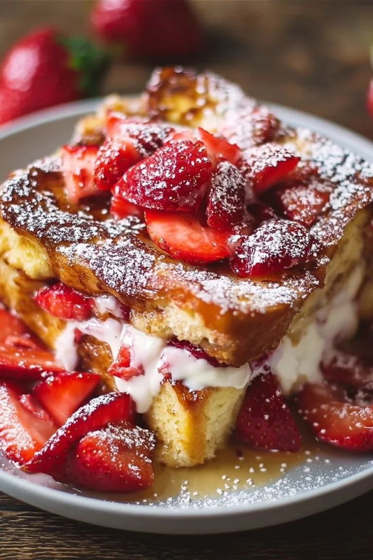Strawberries & Cream French Toast Casserole topped with fresh strawberries and cream.