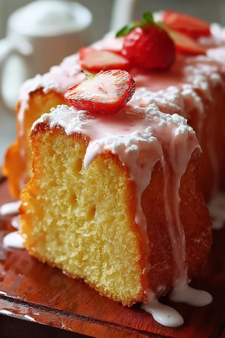Slice of strawberry buttermilk pound cake with fresh strawberries on top