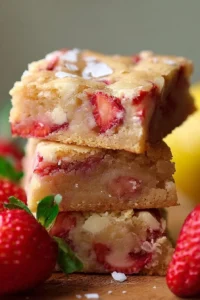 Delicious Strawberry Lemon Blondies topped with fresh strawberries and lemon zest.