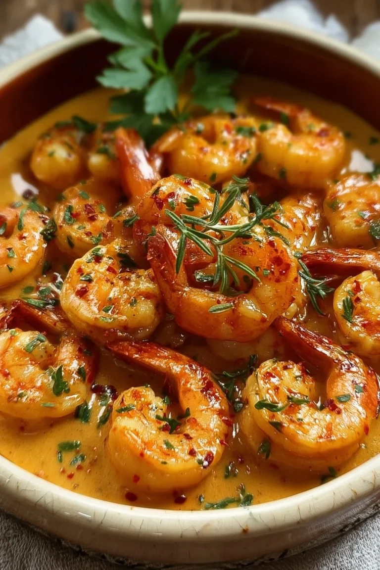 Dish of succulent shrimp in creamy garlic-paprika sauce, garnished and ready to serve