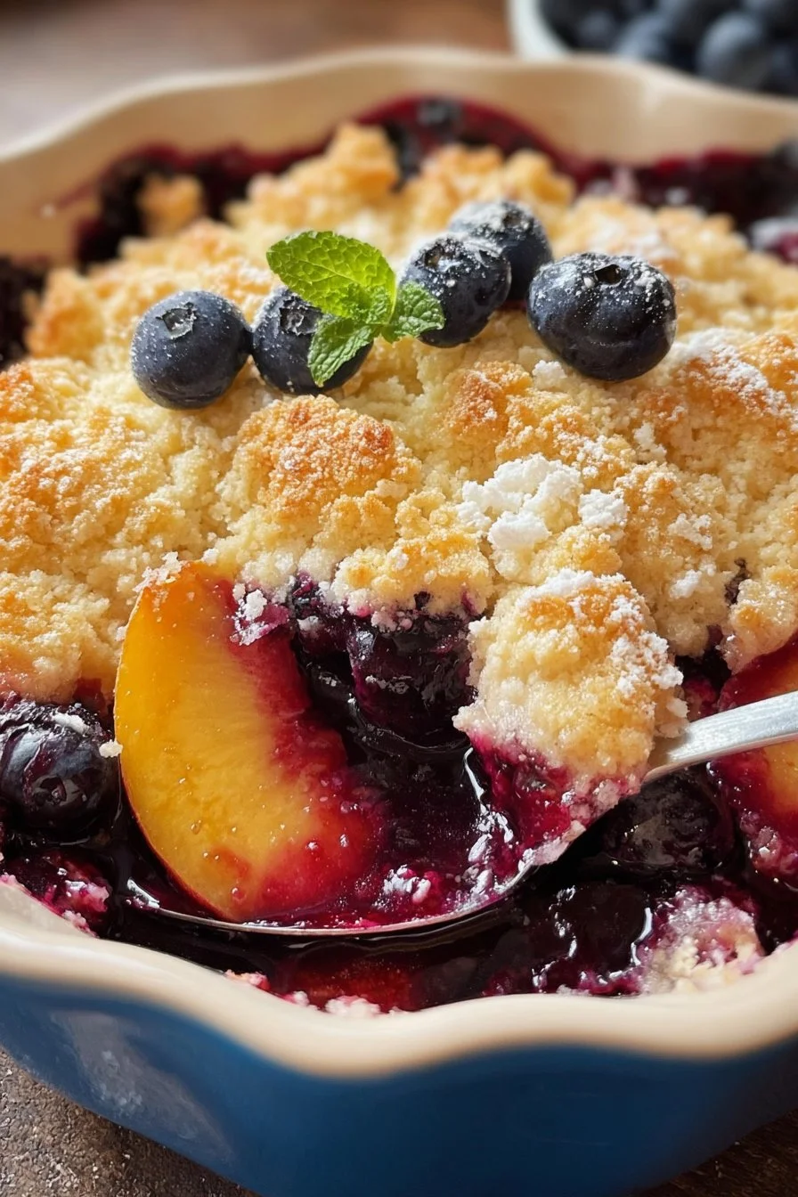 Summer peach and blueberry cobbler served in a rustic dish with fresh fruit.