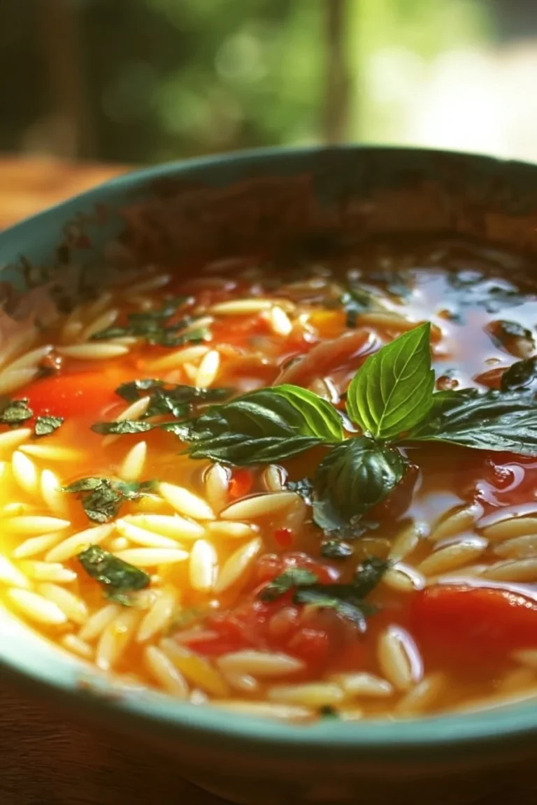 Bowl of fresh Summery Orzo Soup with vibrant vegetables and herbs