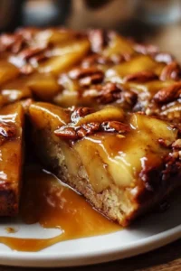 Delicious Swedish apple cake topped with caramel sauce and fresh apple slices